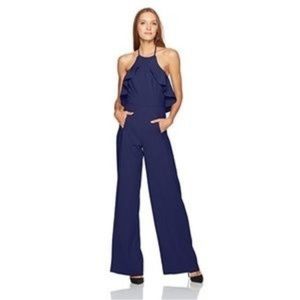 BLACK HALO jumpsuit, Becca model. Navy blue halter with ruffle. Size 6.